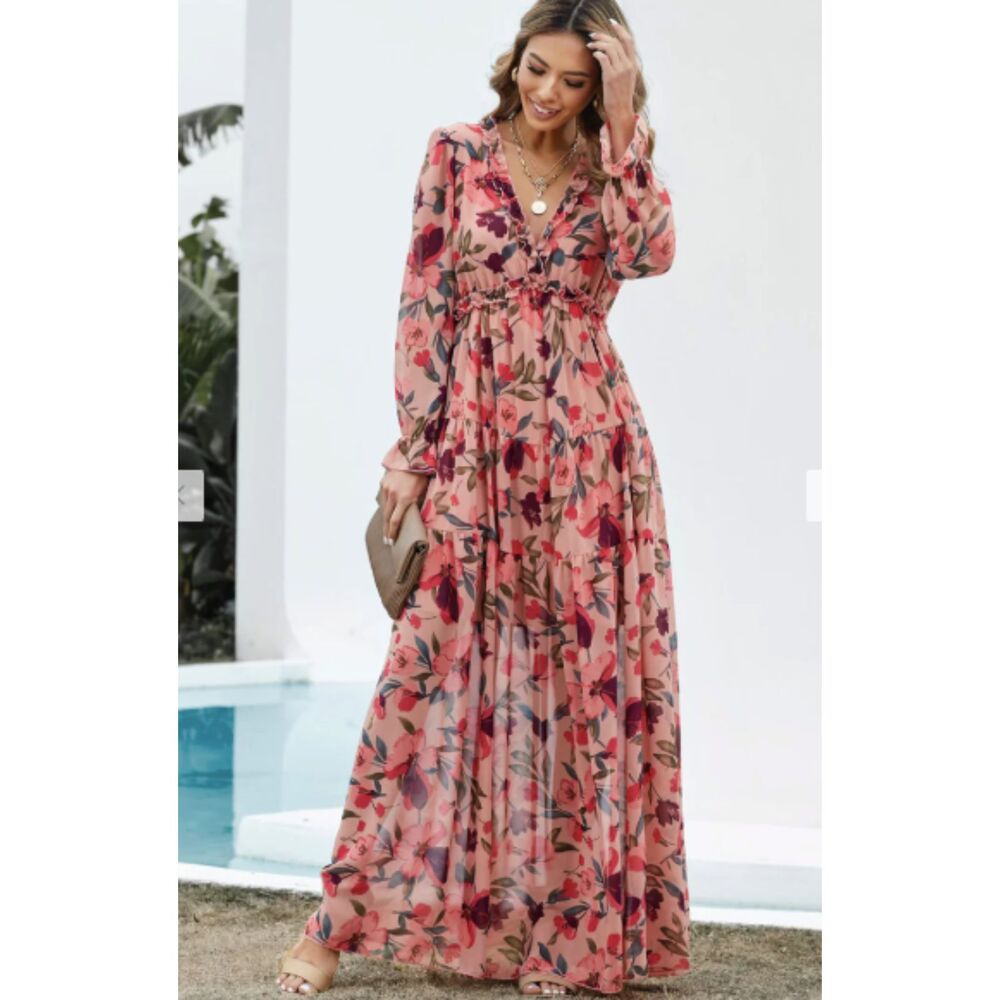 Women's Pink Floral Ruffle Maxi Dress Size Large Boho Long Sleeve Cottagecore